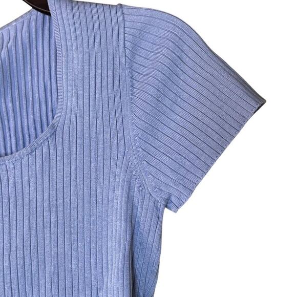 Blue Ribbed Short Sleeve Baby T-shirt Vintage Inspired Stretch Top - Picture 3 of 4